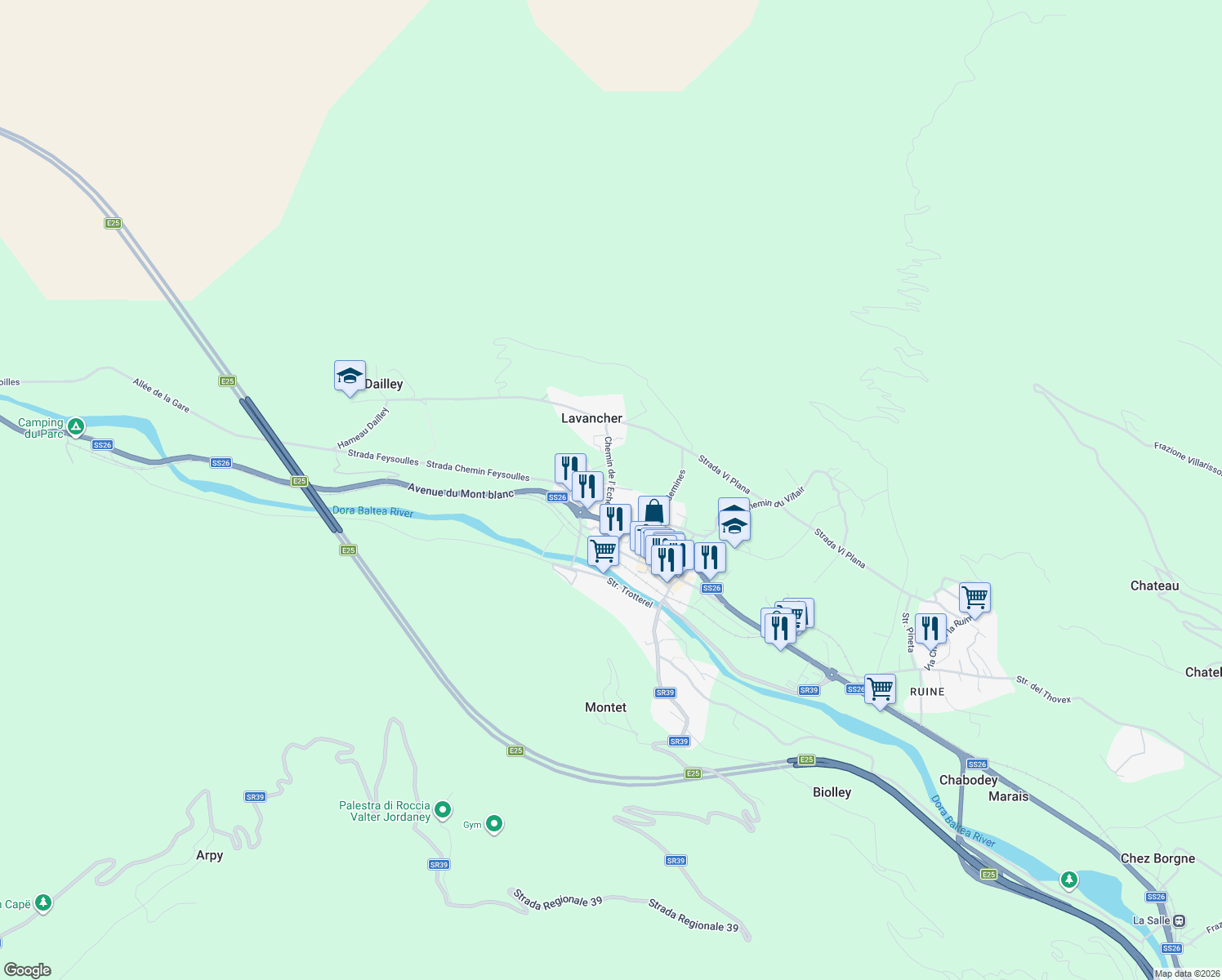 map of restaurants, bars, coffee shops, grocery stores, and more near 22 Chemin de l'Echely in Morgex