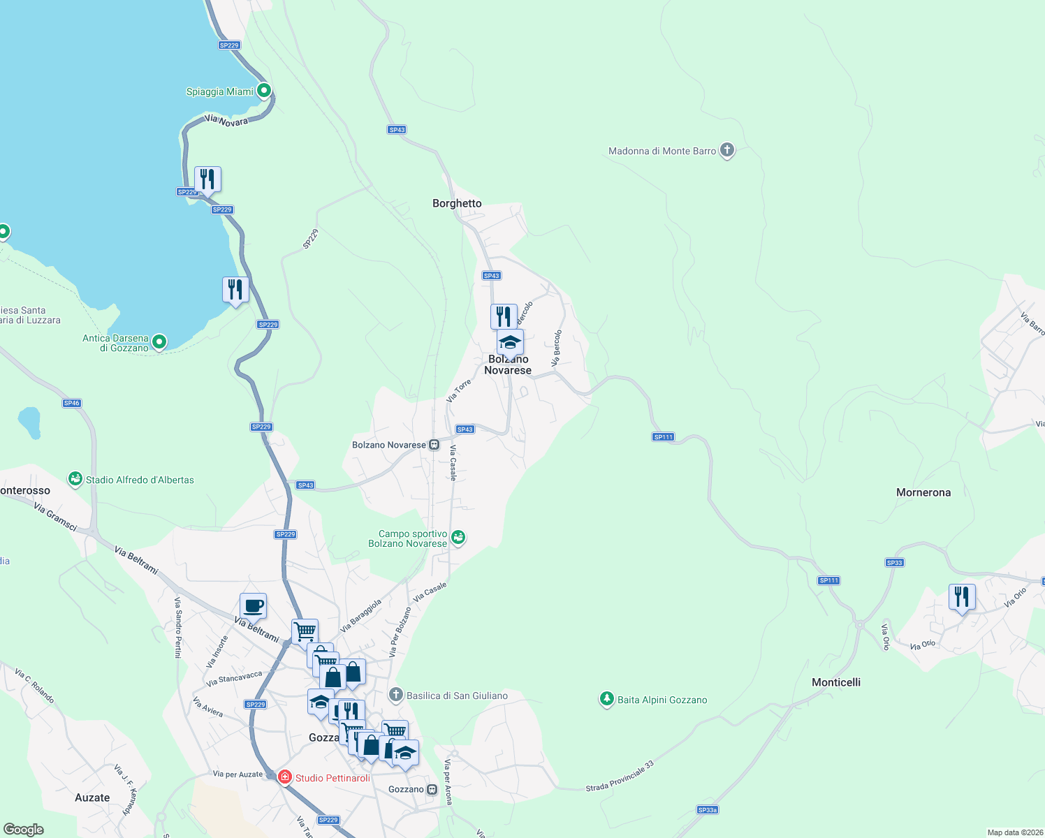 map of restaurants, bars, coffee shops, grocery stores, and more near 17 Via Merlino in Provincia di Novara