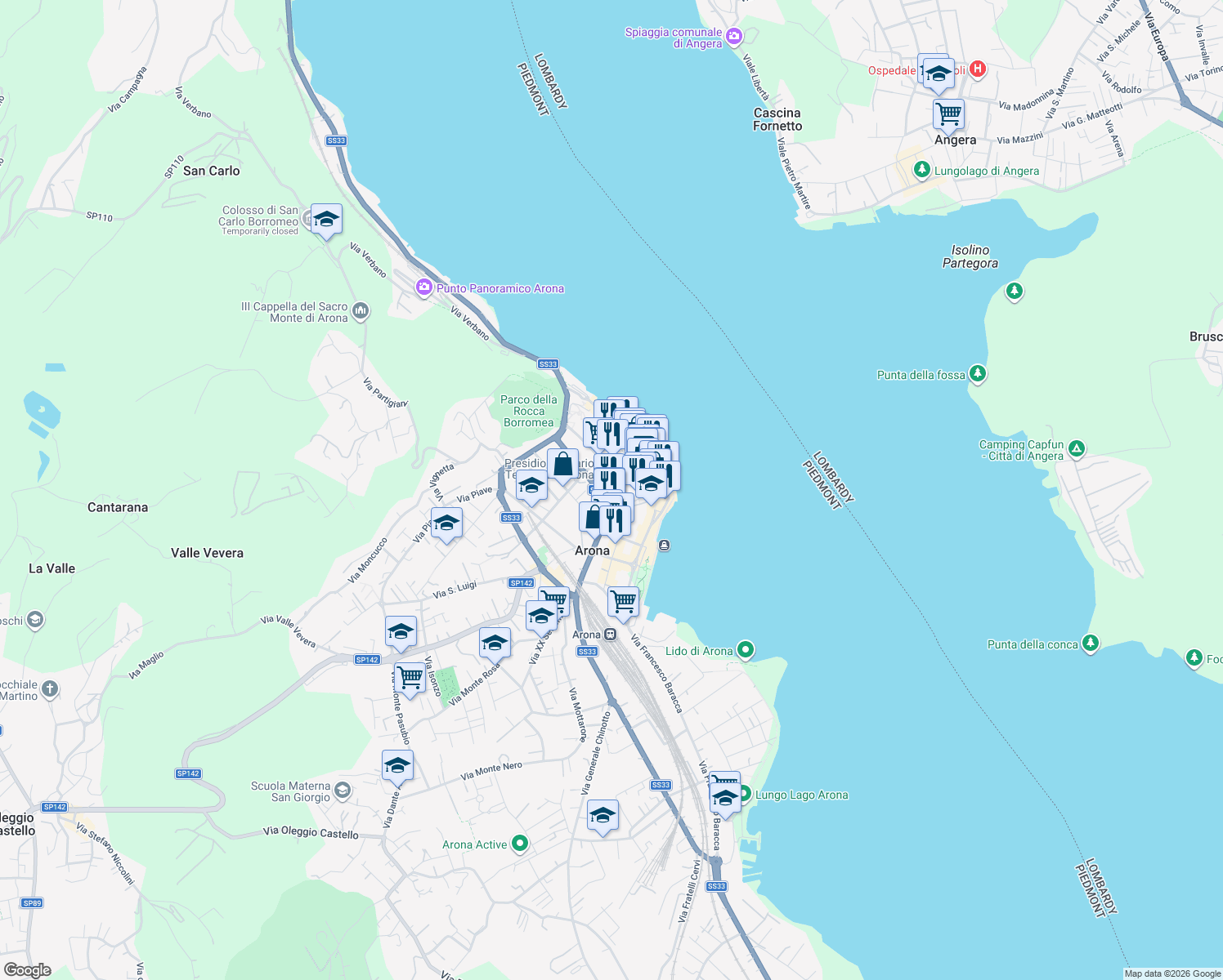 map of restaurants, bars, coffee shops, grocery stores, and more near 8 Via San Carlo in Arona