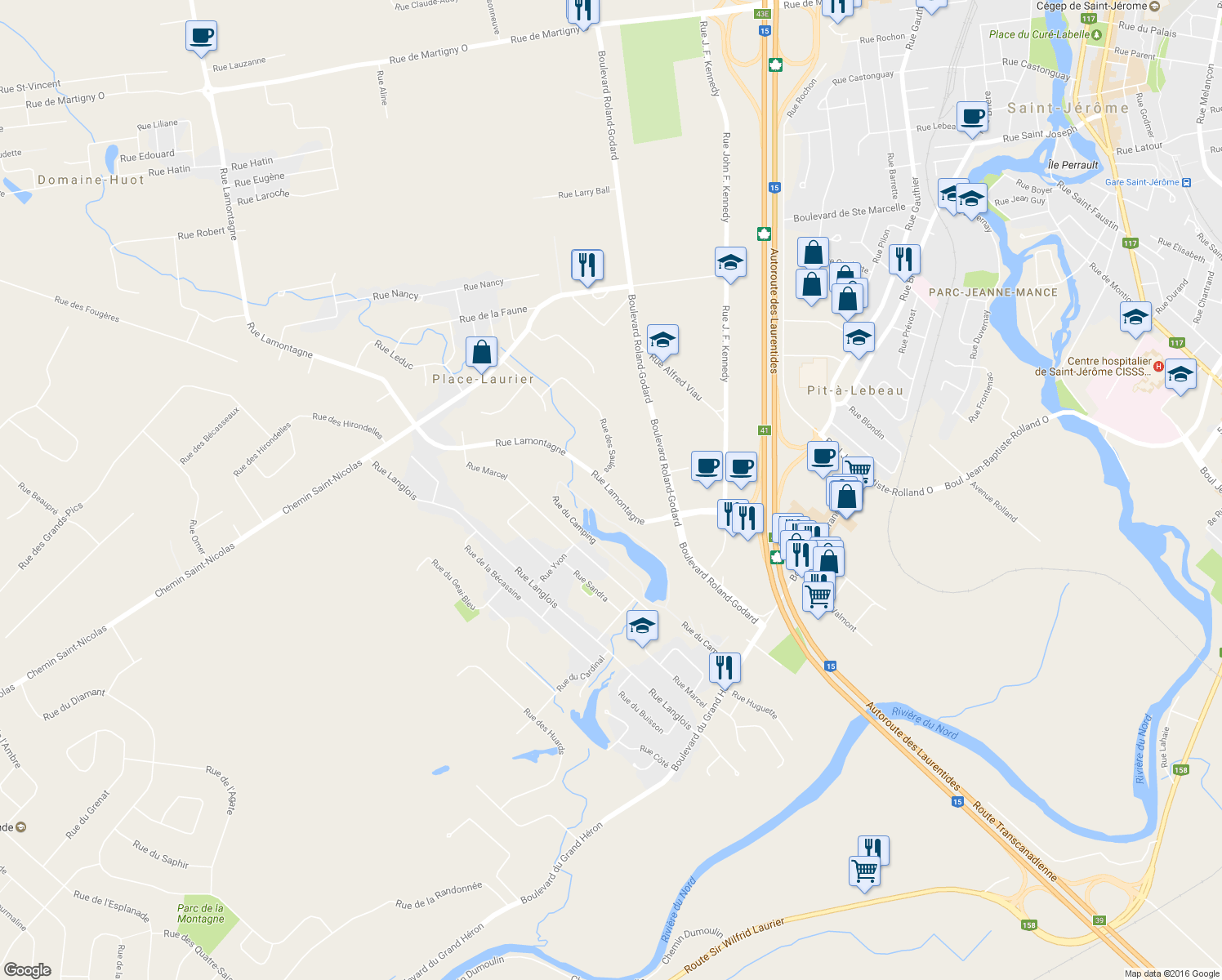 map of restaurants, bars, coffee shops, grocery stores, and more near 480 Rue Lamontagne in Saint-Jérôme