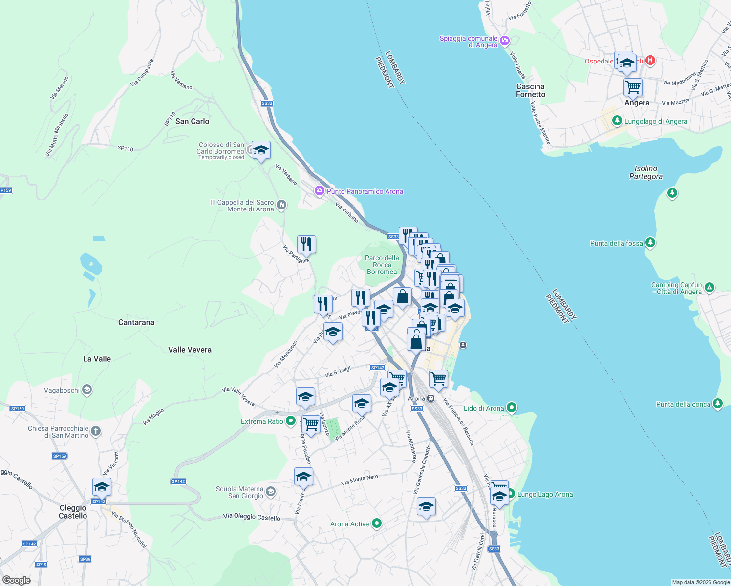 map of restaurants, bars, coffee shops, grocery stores, and more near 11 Via Partigiani in Arona