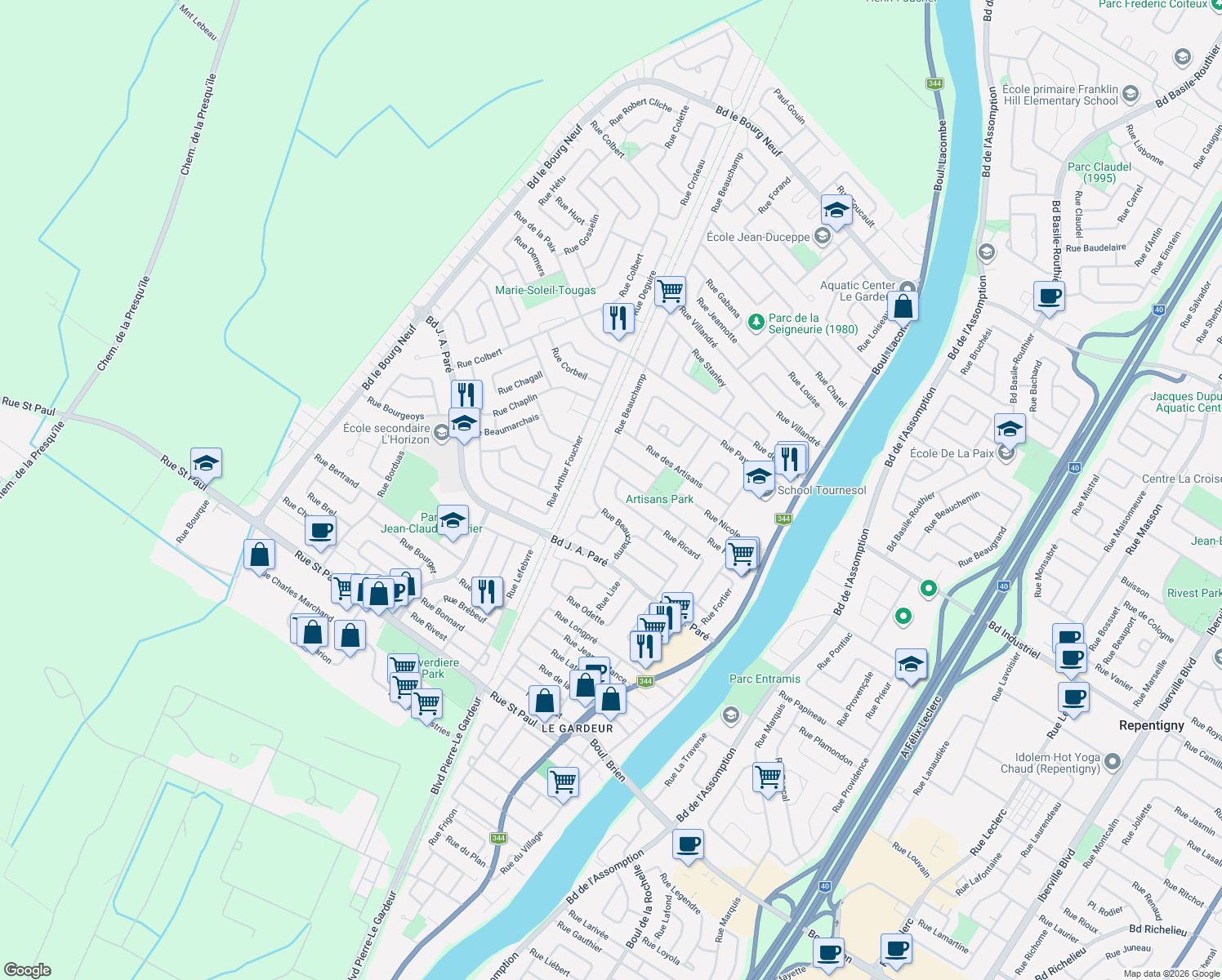 map of restaurants, bars, coffee shops, grocery stores, and more near 156 Rue Ricard in Repentigny