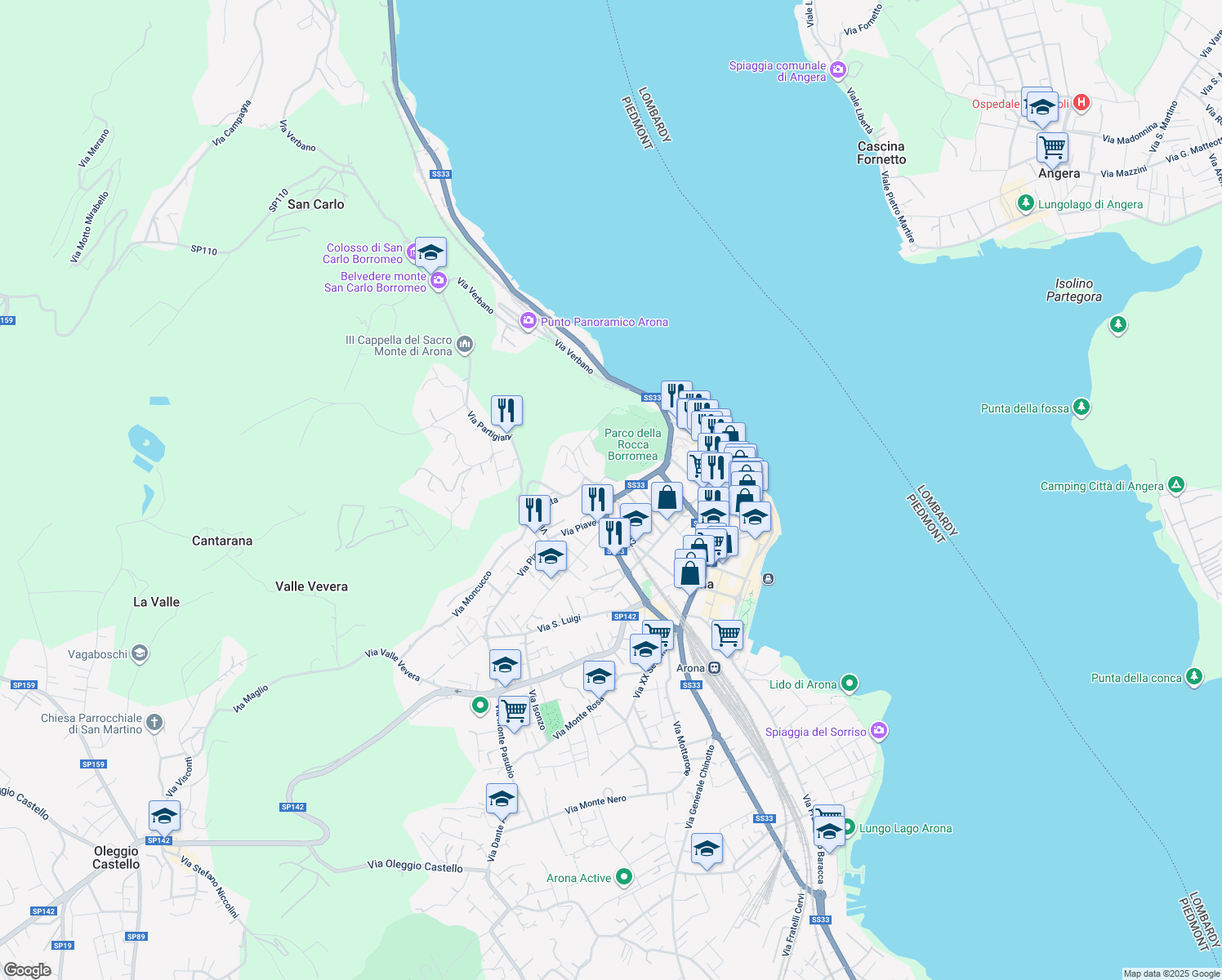 map of restaurants, bars, coffee shops, grocery stores, and more near 11 Via Partigiani in Arona