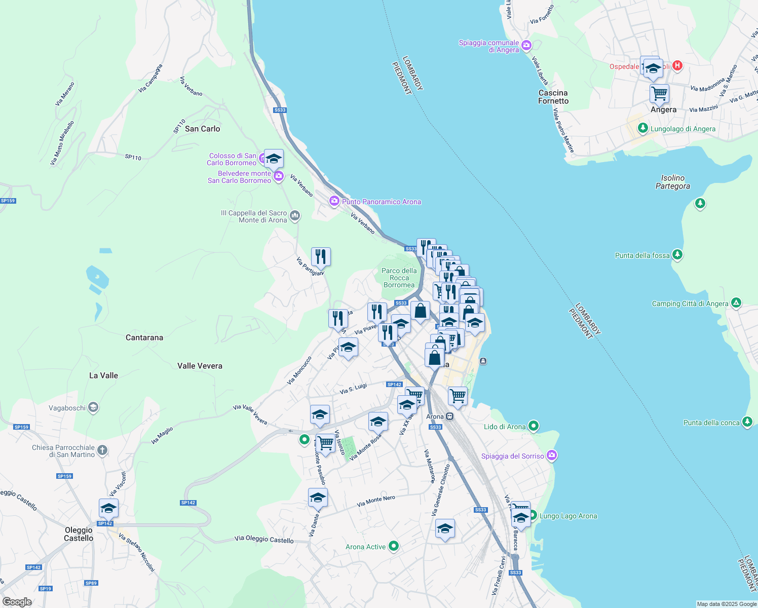 map of restaurants, bars, coffee shops, grocery stores, and more near 11 Via Partigiani in Arona