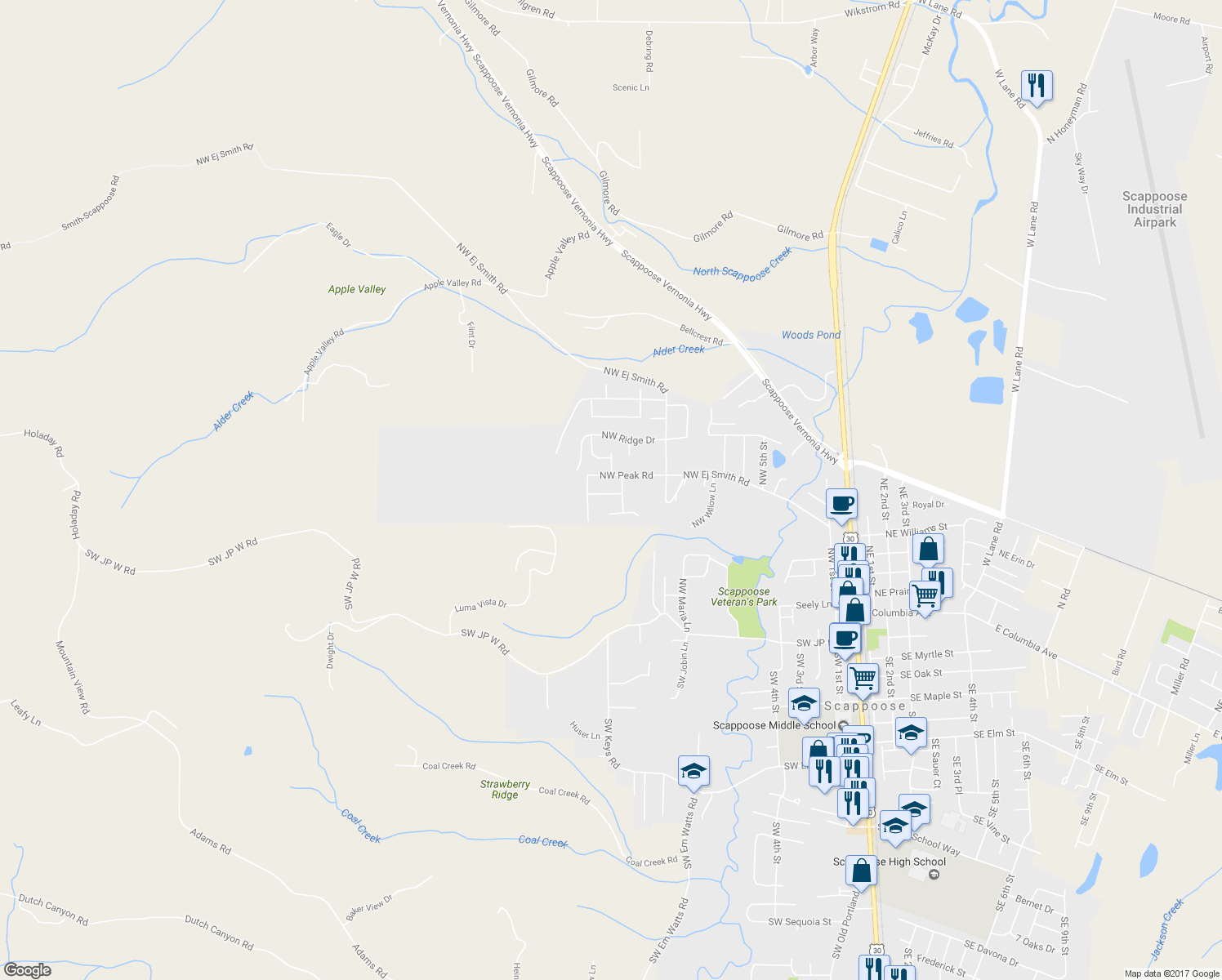 map of restaurants, bars, coffee shops, grocery stores, and more near 32859 Northwest Overlook Street in Scappoose