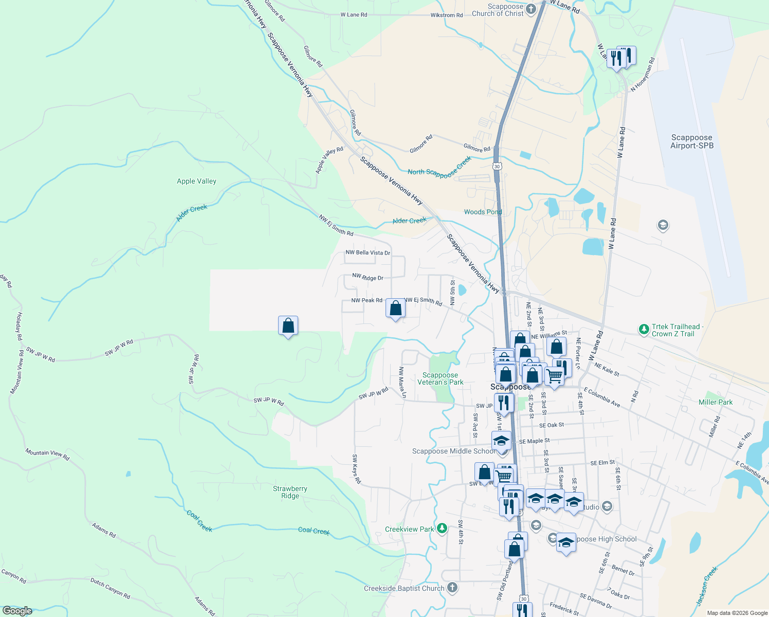 map of restaurants, bars, coffee shops, grocery stores, and more near 32978 Northwest Peak Road in Scappoose