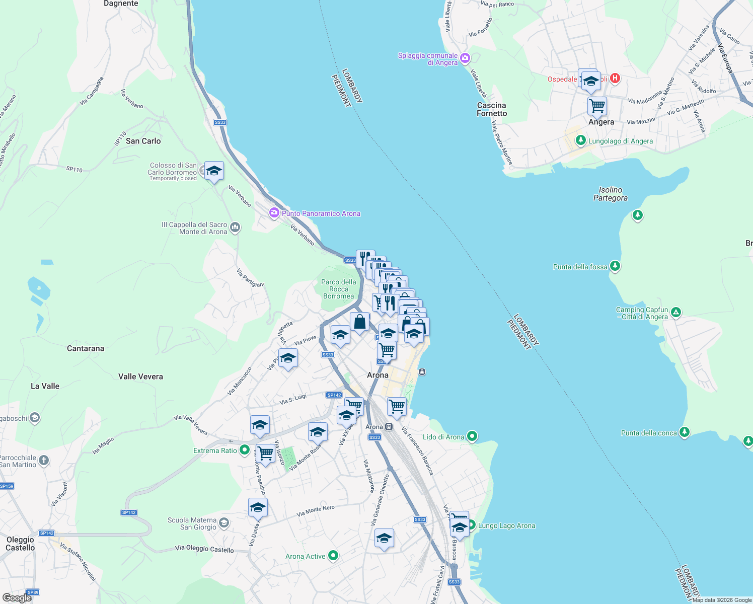 map of restaurants, bars, coffee shops, grocery stores, and more near 18 Via Poli in Arona