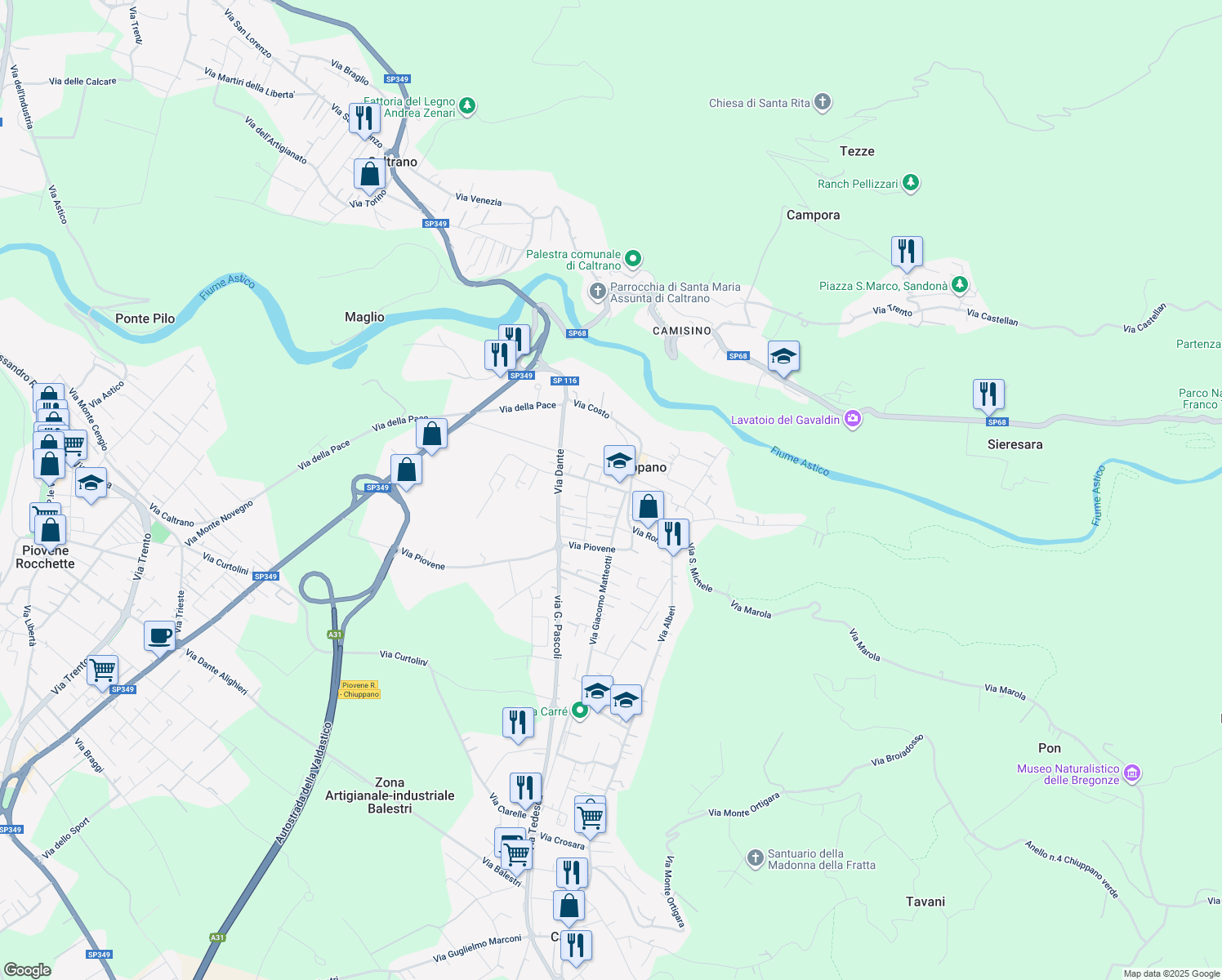 map of restaurants, bars, coffee shops, grocery stores, and more near 8 Via XXV Aprile Olim Serragli in Chiuppano