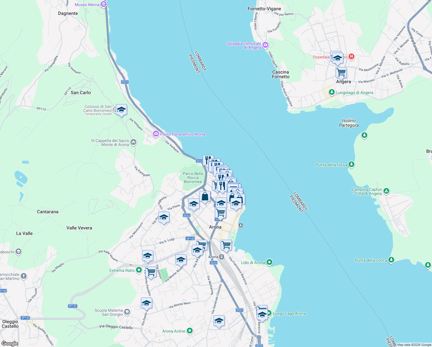 map of restaurants, bars, coffee shops, grocery stores, and more near 18 Via Poli in Arona
