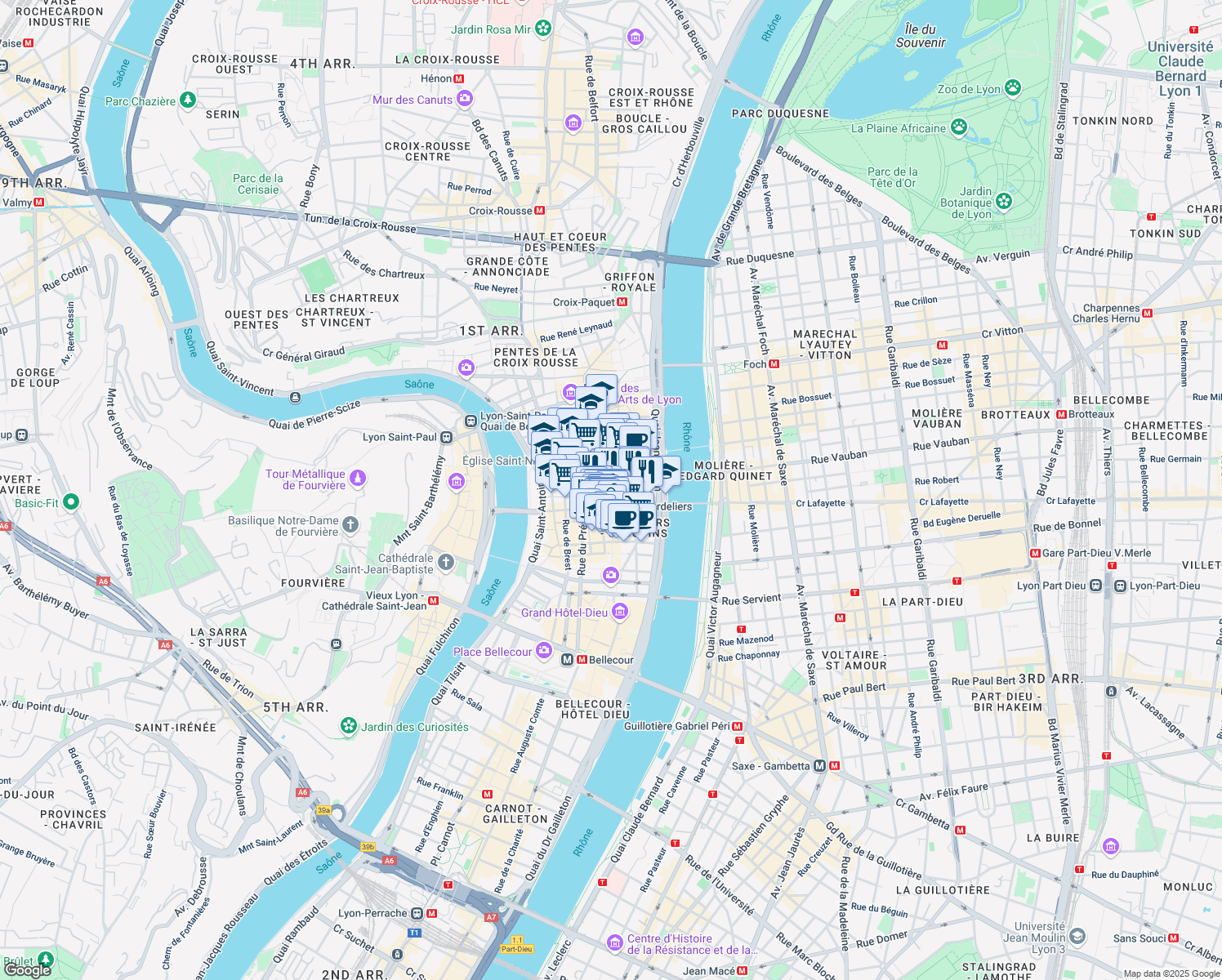 map of restaurants, bars, coffee shops, grocery stores, and more near in Lyon