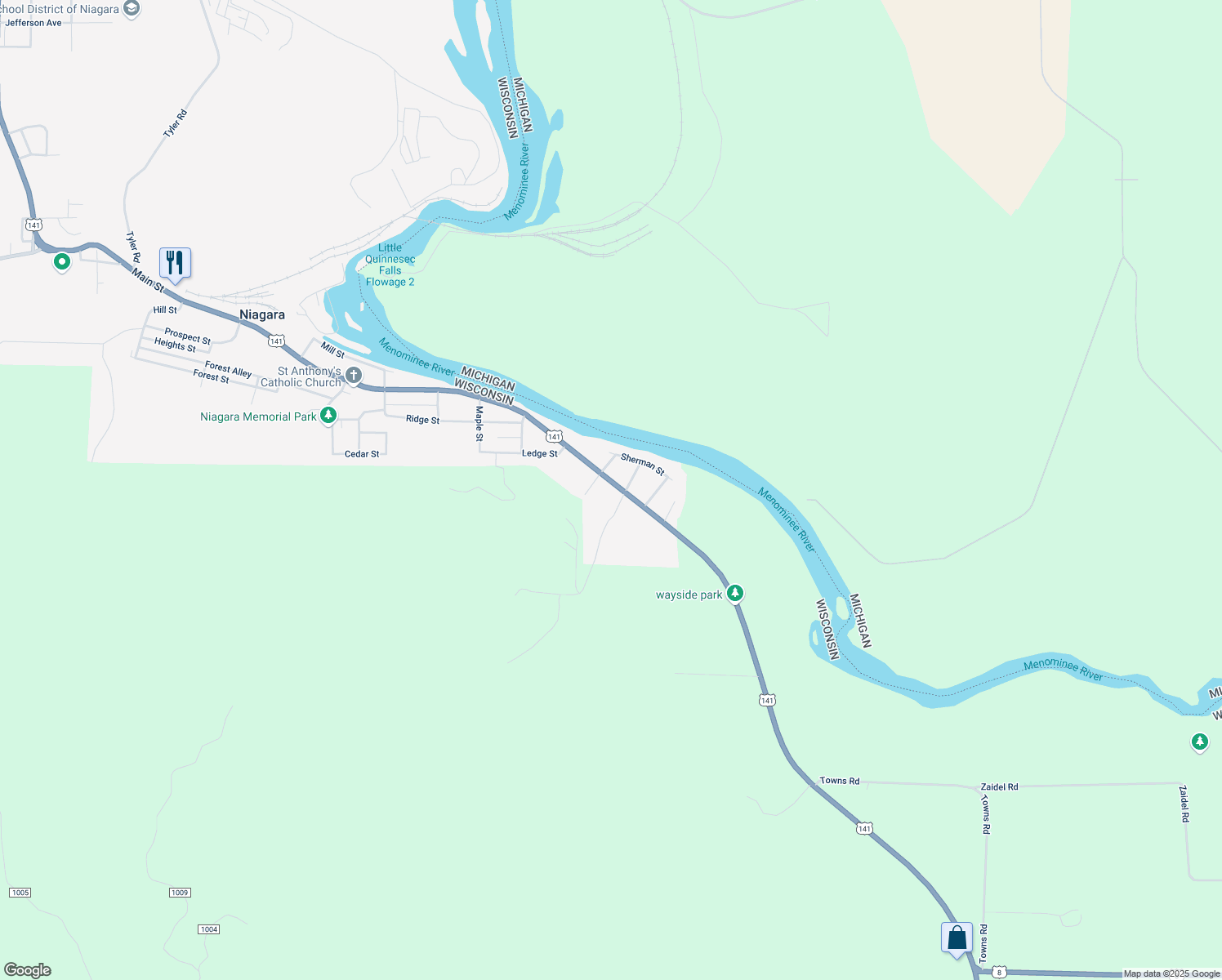 map of restaurants, bars, coffee shops, grocery stores, and more near 2124 River Street in Niagara