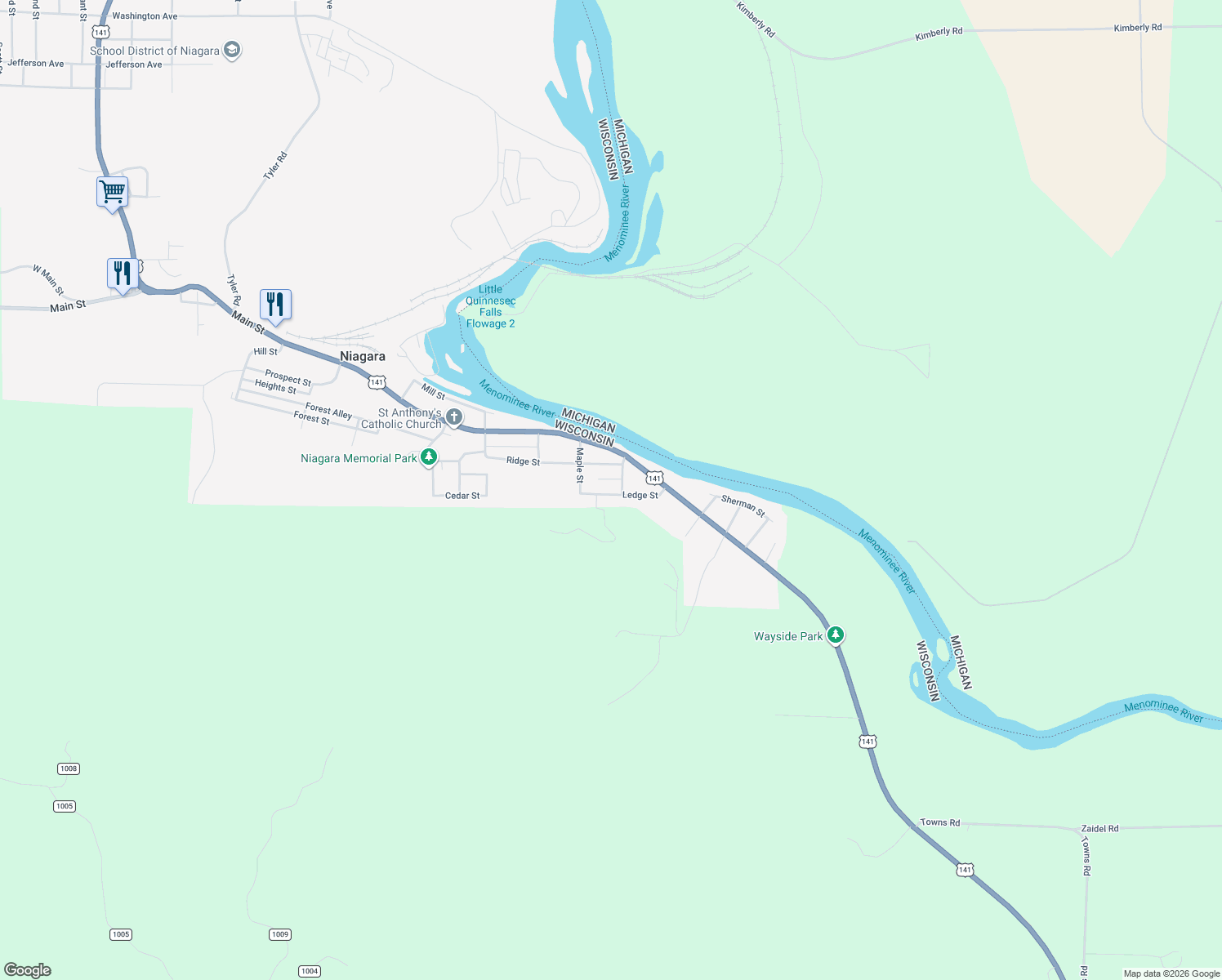 map of restaurants, bars, coffee shops, grocery stores, and more near 1833 Ledge Street in Niagara