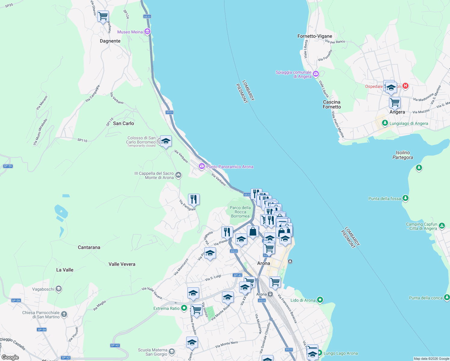 map of restaurants, bars, coffee shops, grocery stores, and more near 9 Via Sempione in Arona