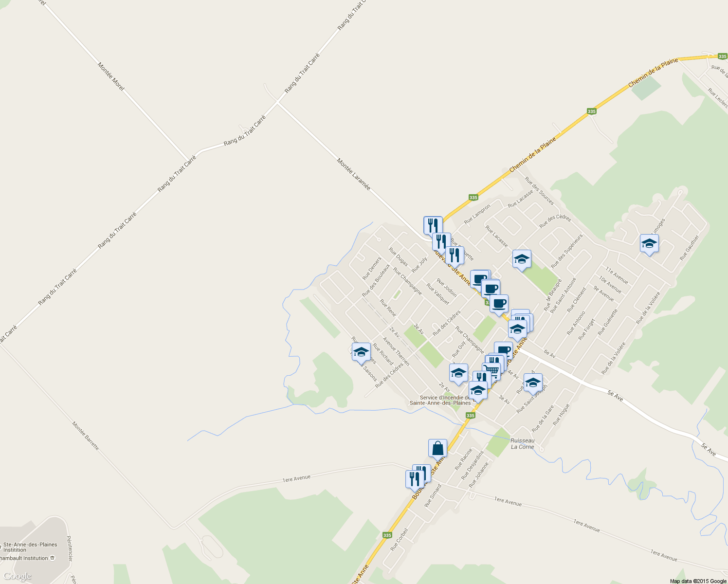 map of restaurants, bars, coffee shops, grocery stores, and more near 140 Rue des Bouleaux in Sainte-Anne-des-Plaines