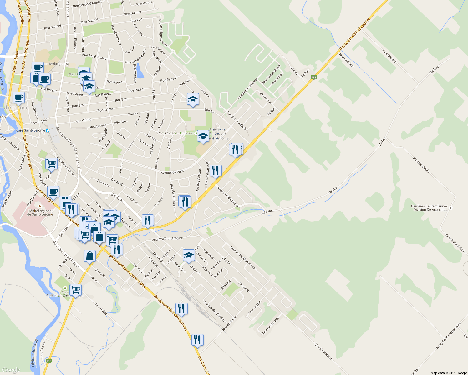 map of restaurants, bars, coffee shops, grocery stores, and more near 1397 Rue Émile Nelligan in Saint-Jérôme