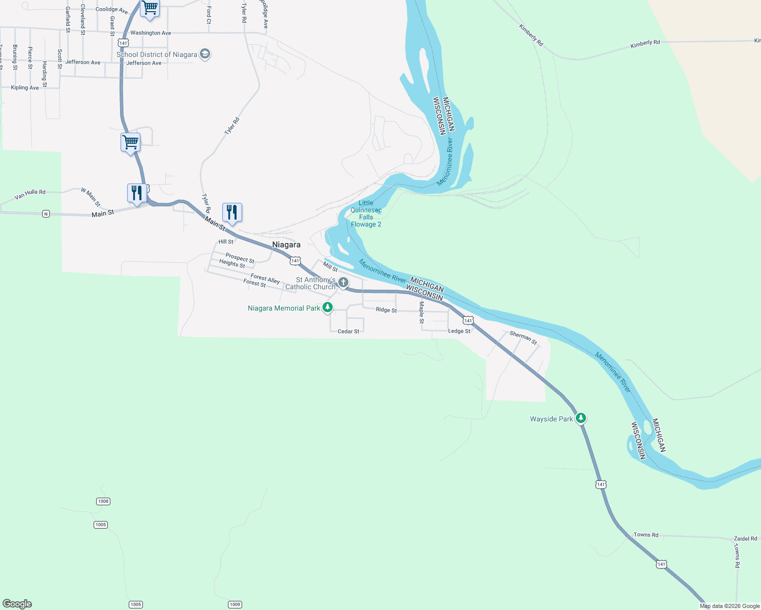 map of restaurants, bars, coffee shops, grocery stores, and more near 1641 Ridge St in Niagara