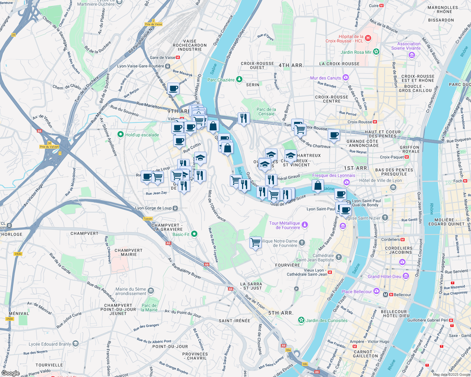 map of restaurants, bars, coffee shops, grocery stores, and more near 4 Quai Chauveau in Lyon