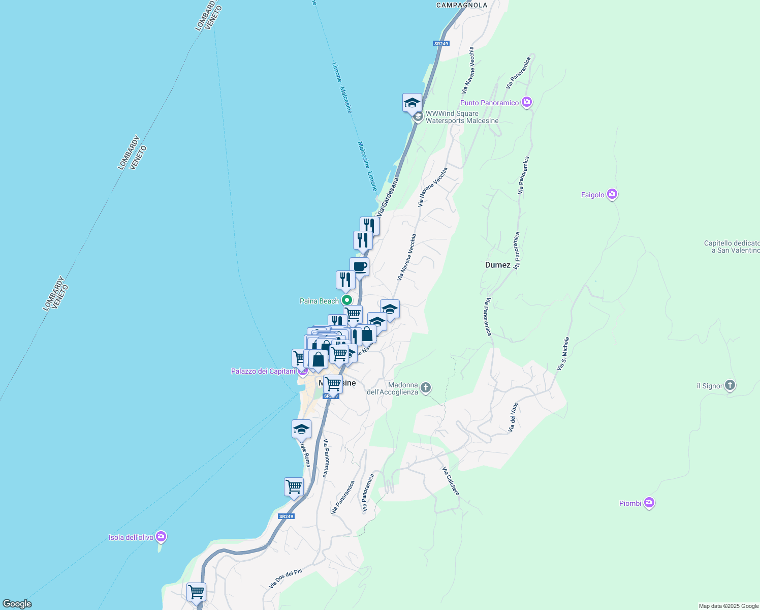 map of restaurants, bars, coffee shops, grocery stores, and more near 37 Via Navene Vecchia in Malcesine