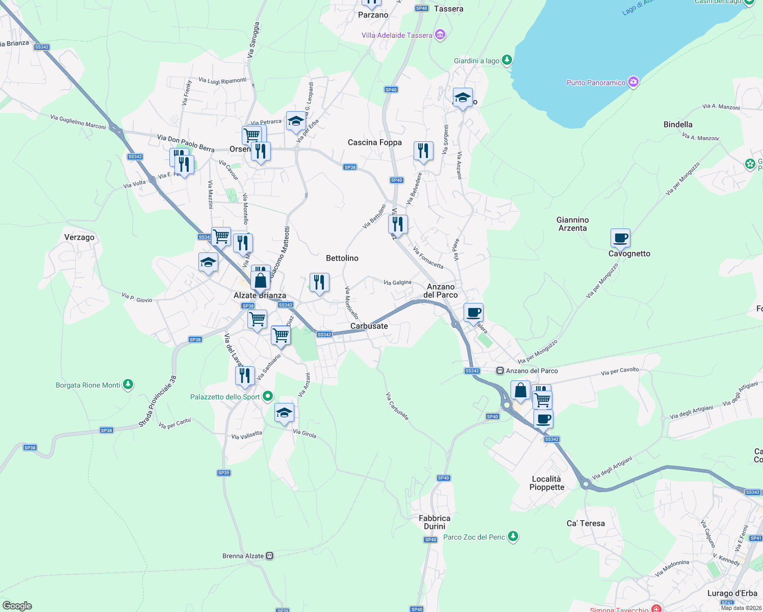 map of restaurants, bars, coffee shops, grocery stores, and more near 26 Via Provinciale in Anzano del Parco