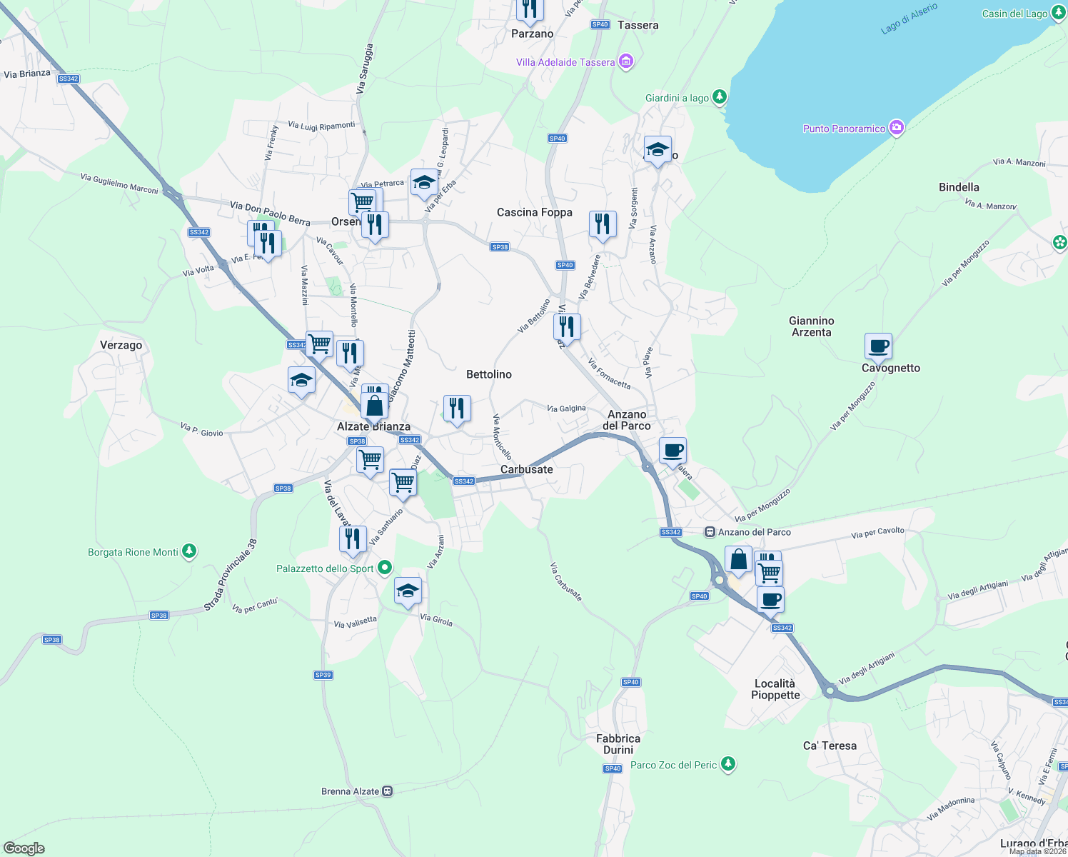map of restaurants, bars, coffee shops, grocery stores, and more near 25 Via Galgina in Anzano del Parco
