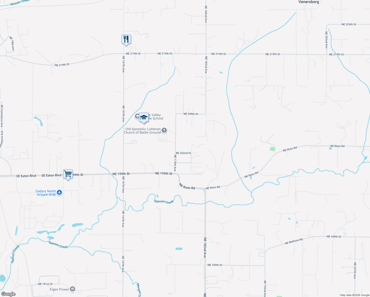 map of restaurants, bars, coffee shops, grocery stores, and more near 17716 Northeast 202nd Street in Battle Ground