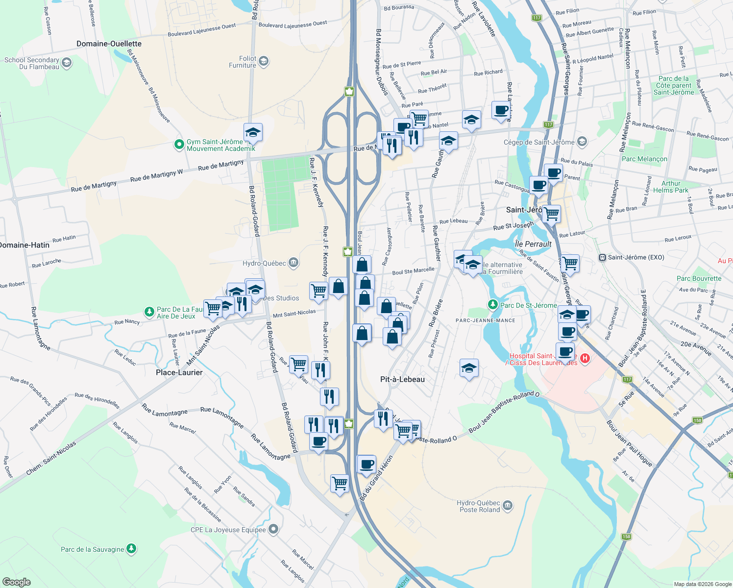 map of restaurants, bars, coffee shops, grocery stores, and more near 1149 Boulevard Jean-Baptiste-Rolland Ouest in Saint-Jérôme