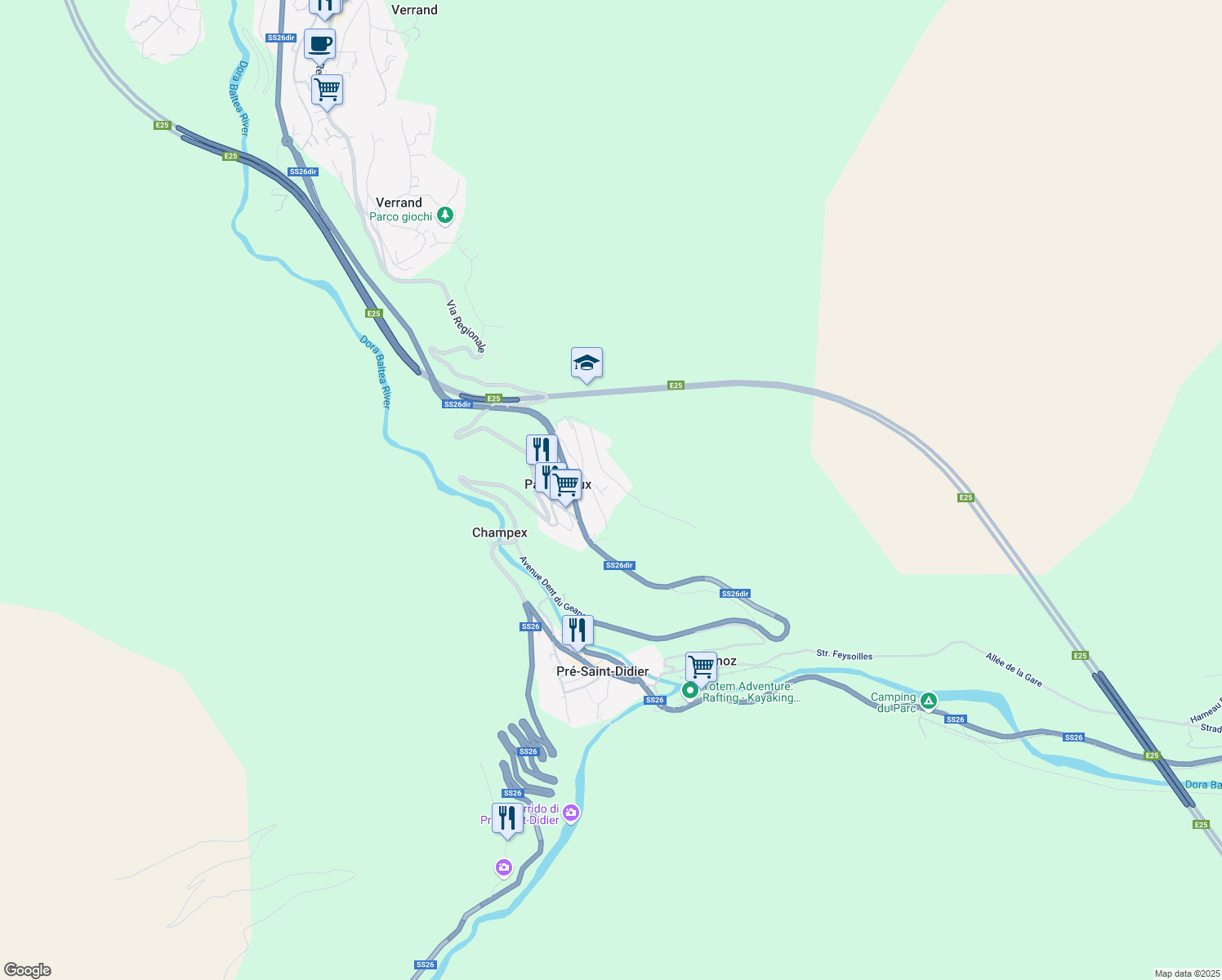 map of restaurants, bars, coffee shops, grocery stores, and more near 30 Route Mont Blanc in Valle d'Aosta