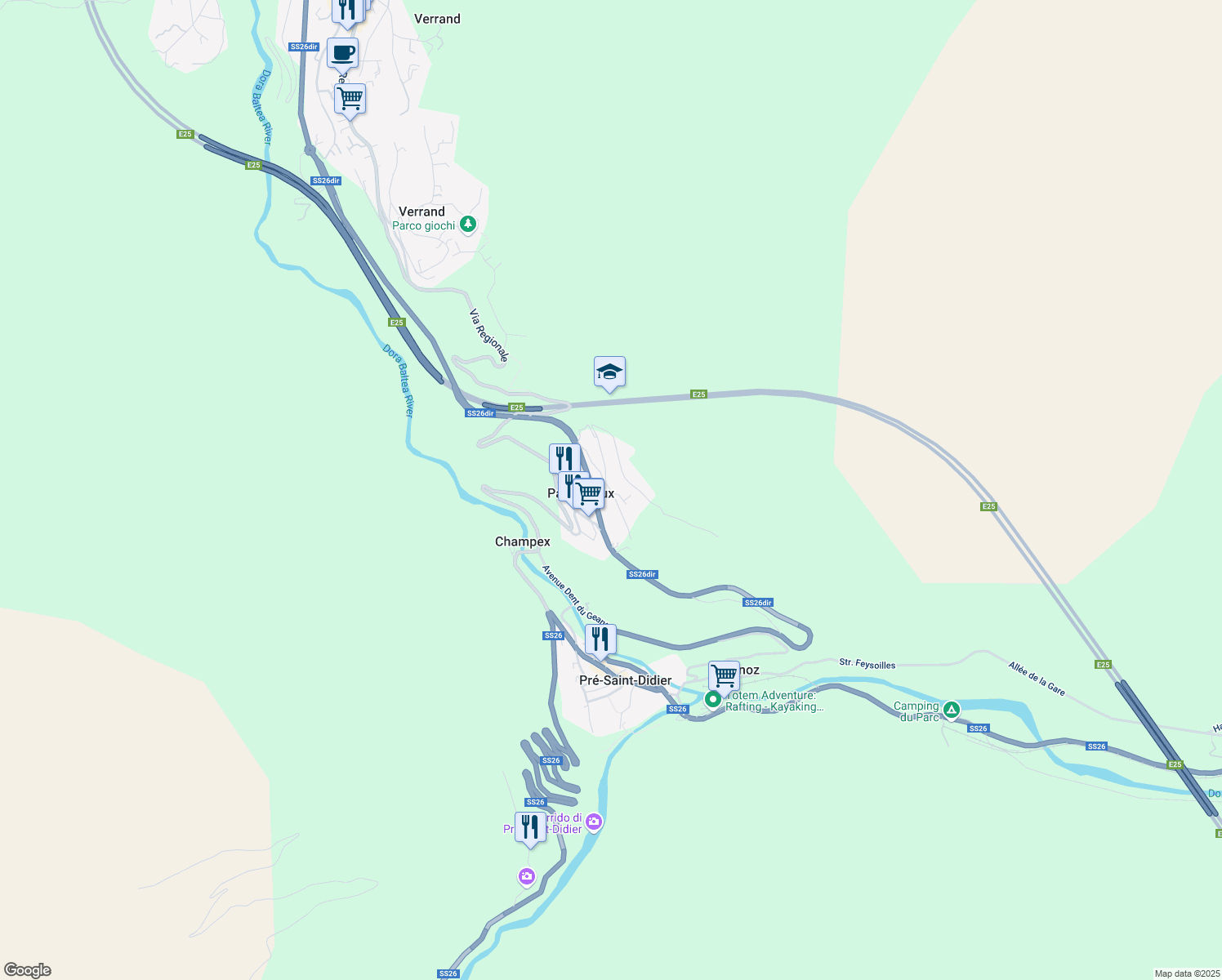 map of restaurants, bars, coffee shops, grocery stores, and more near 30 Route Mont Blanc in Valle d'Aosta