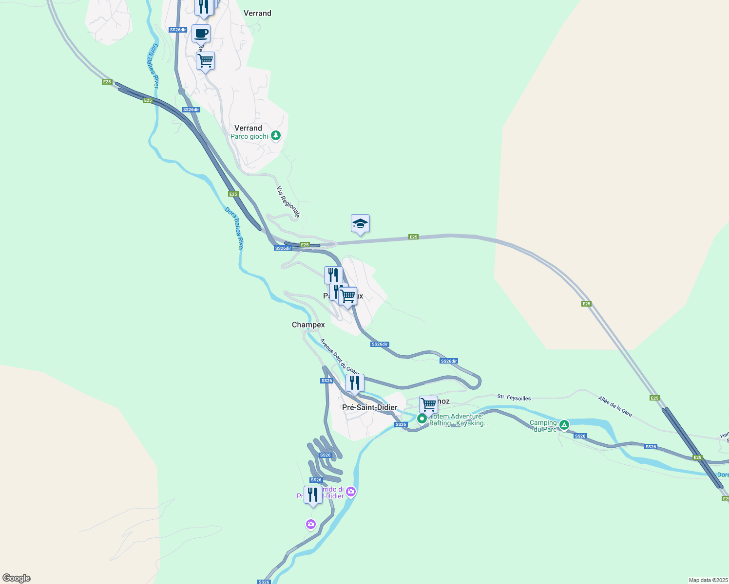 map of restaurants, bars, coffee shops, grocery stores, and more near 30 Route Mont Blanc in Valle d'Aosta