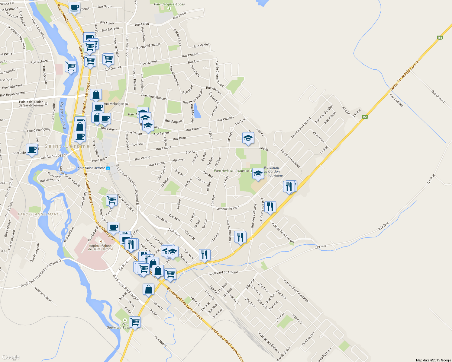 map of restaurants, bars, coffee shops, grocery stores, and more near 1182 11e Rue in Saint-Jérôme