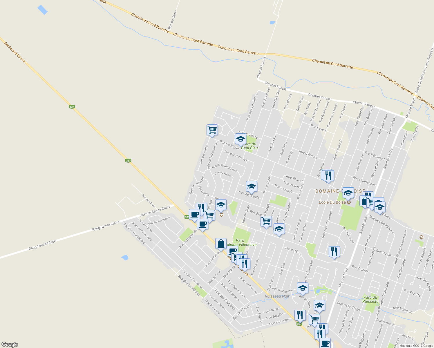 map of restaurants, bars, coffee shops, grocery stores, and more near 7258 Rue du Hêtre in Terrebonne