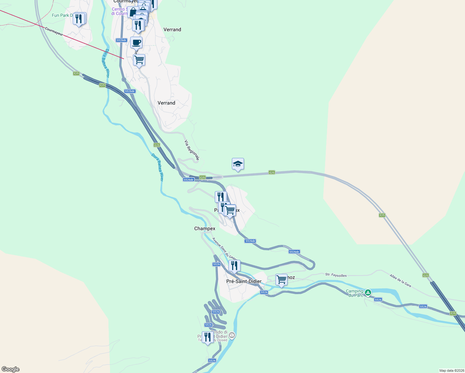 map of restaurants, bars, coffee shops, grocery stores, and more near Strada Statale 26 dir della Valle d'Aosta in Valle d'Aosta
