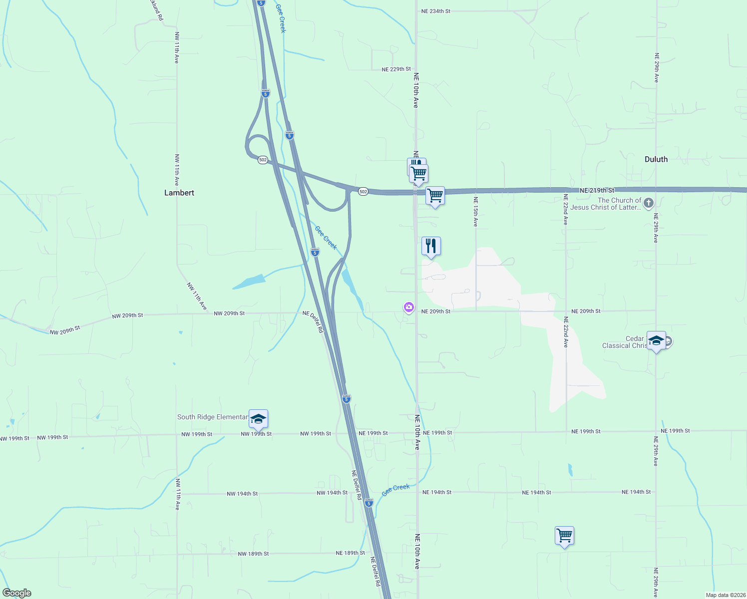 map of restaurants, bars, coffee shops, grocery stores, and more near 506 Northeast 209th Street in Ridgefield
