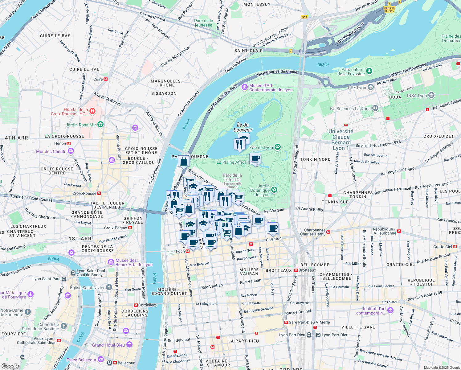 map of restaurants, bars, coffee shops, grocery stores, and more near in Lyon