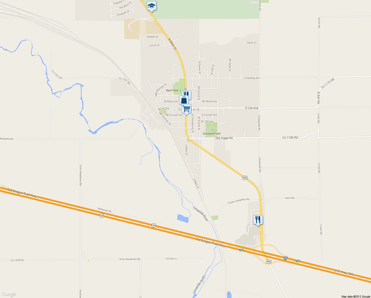 map of restaurants, bars, coffee shops, grocery stores, and more near 685 South Main Street in Stanfield