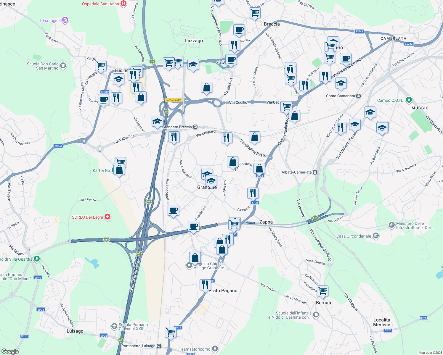 map of restaurants, bars, coffee shops, grocery stores, and more near 51 Via F. Pusterla in Grandate