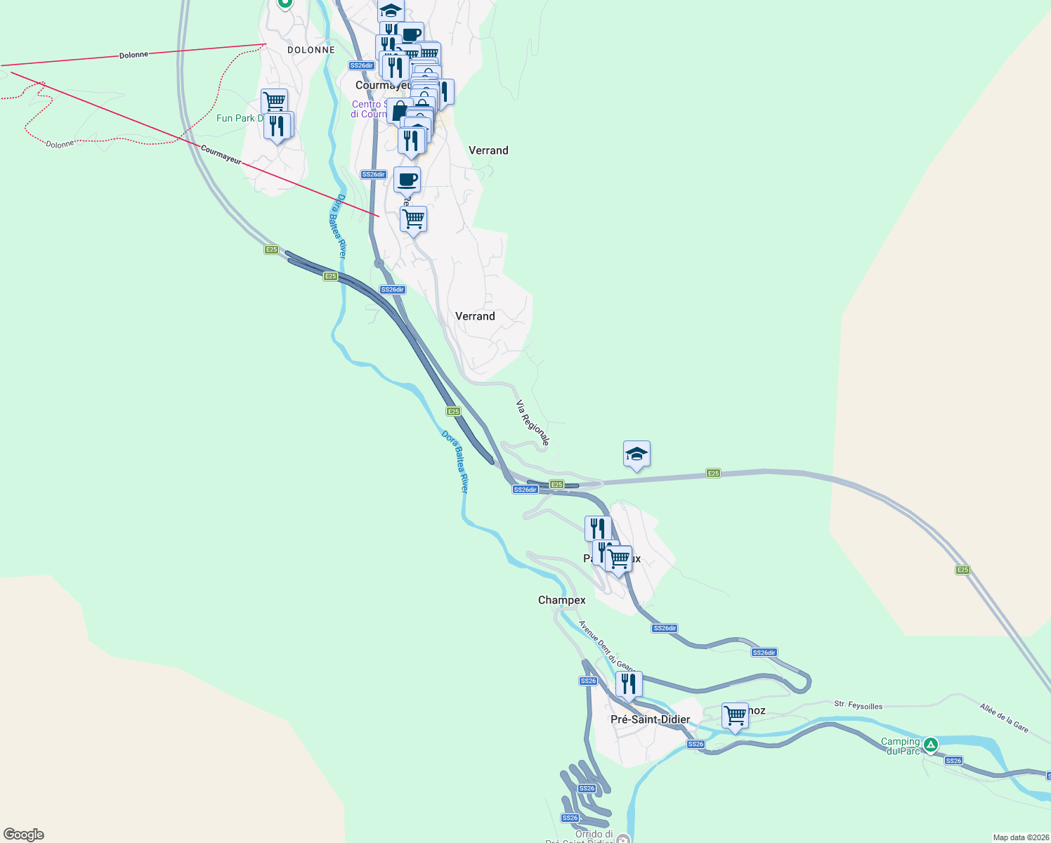 map of restaurants, bars, coffee shops, grocery stores, and more near 11 Via Regionale in Valle d'Aosta