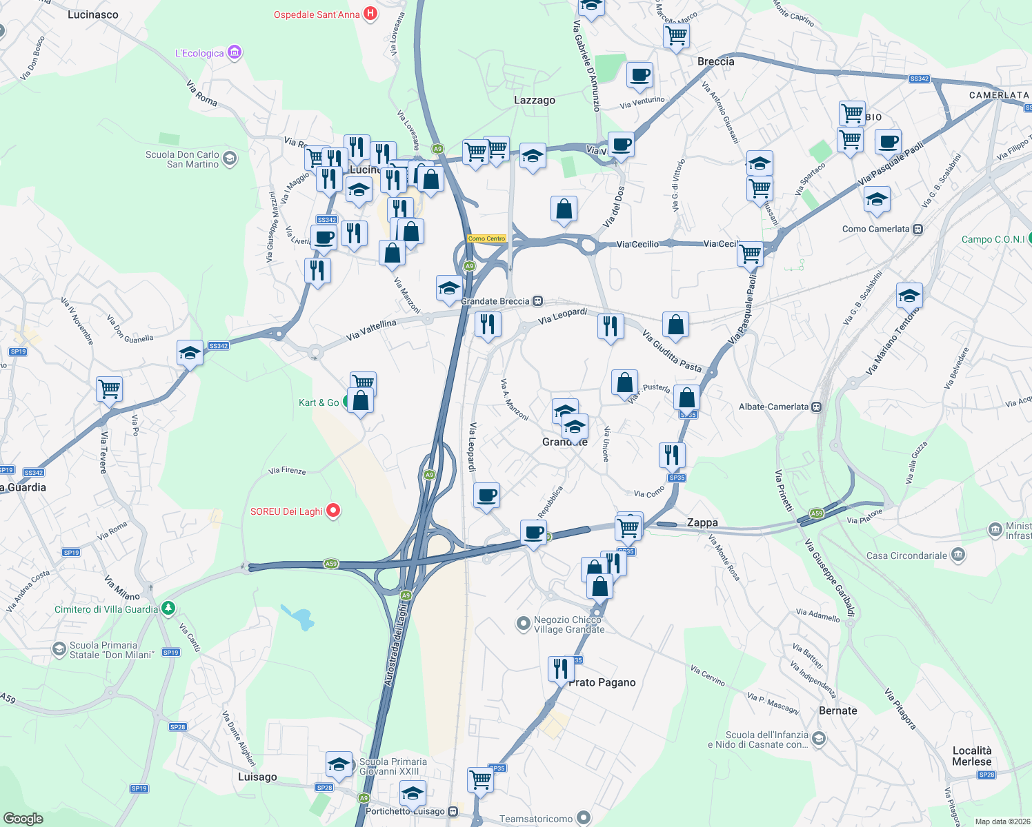 map of restaurants, bars, coffee shops, grocery stores, and more near 1 Via Plinio in Grandate
