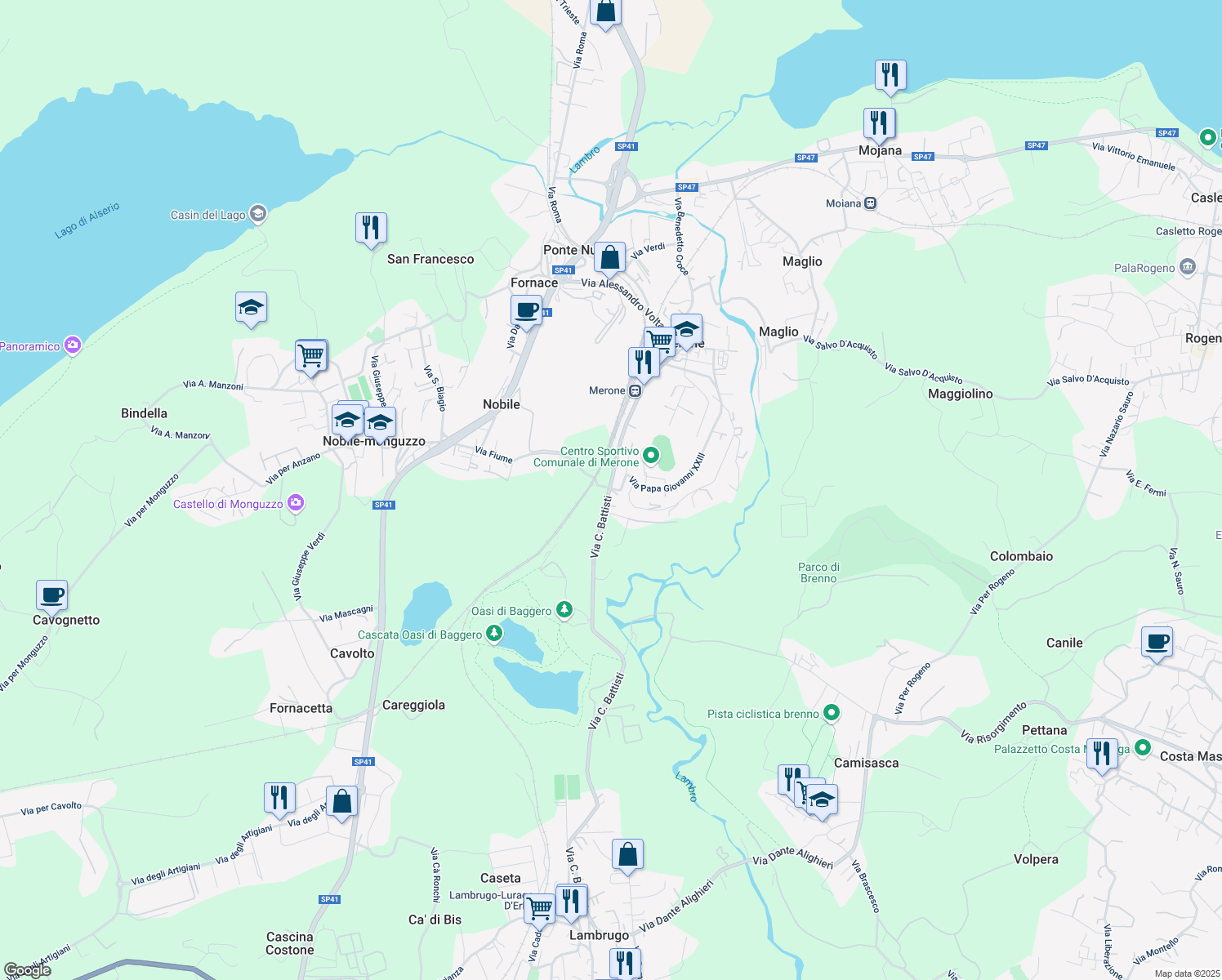 map of restaurants, bars, coffee shops, grocery stores, and more near 3 Via C. Battisti in Merone