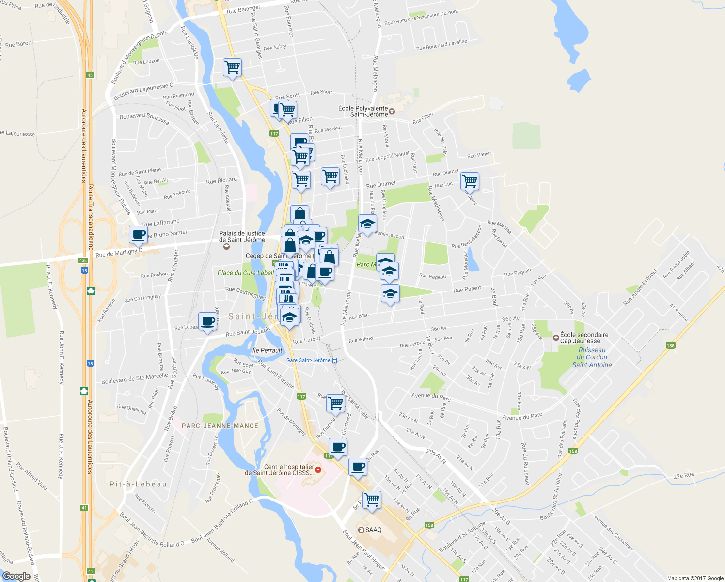 map of restaurants, bars, coffee shops, grocery stores, and more near 507 Rue Parent in Saint-Jérôme