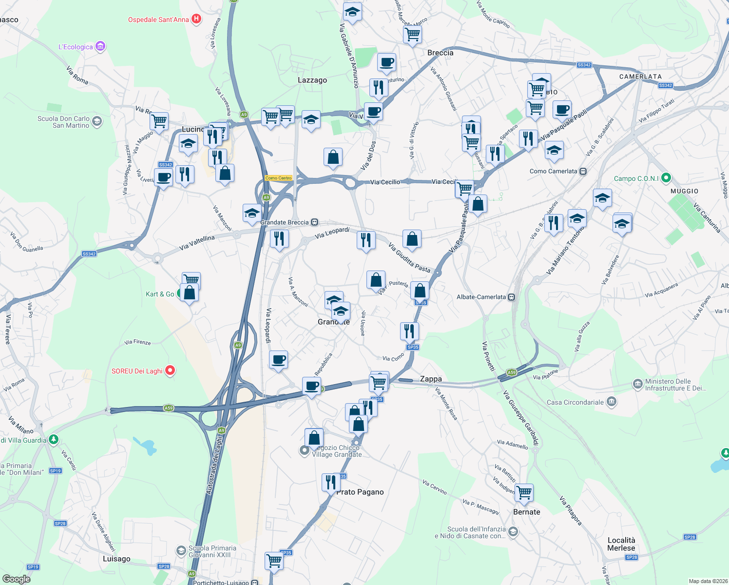 map of restaurants, bars, coffee shops, grocery stores, and more near 51 Via Pusterla in Grandate