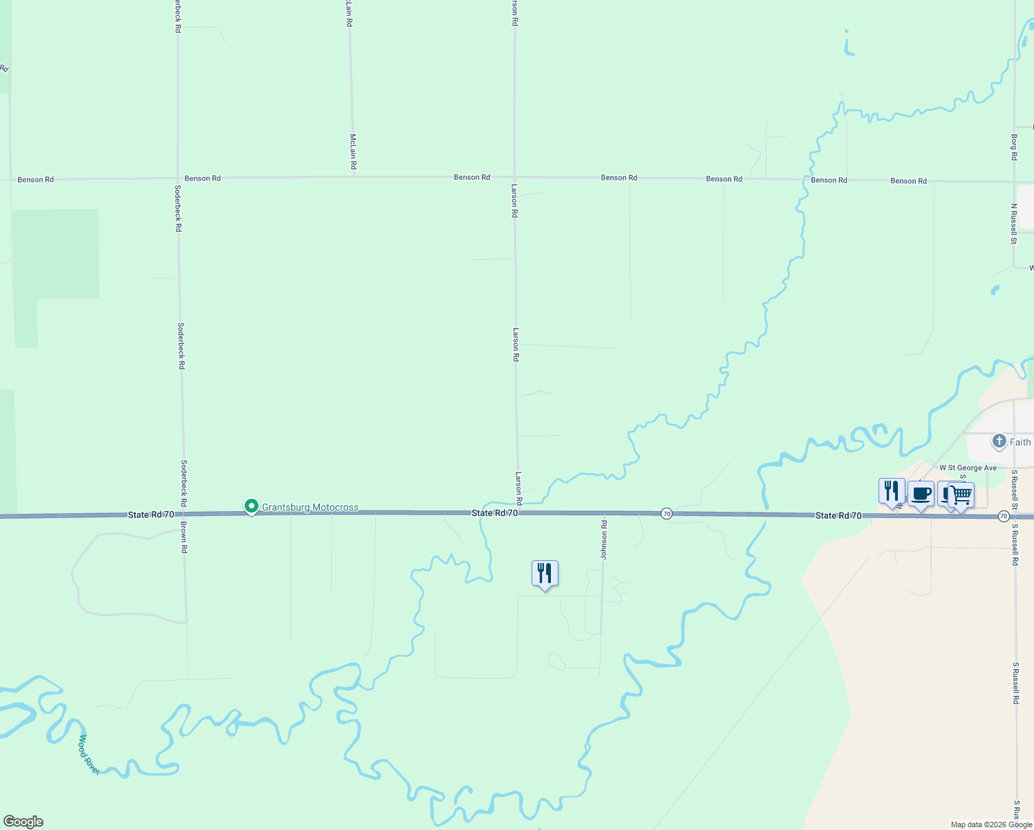 map of restaurants, bars, coffee shops, grocery stores, and more near 23732 Larson Road in Grantsburg