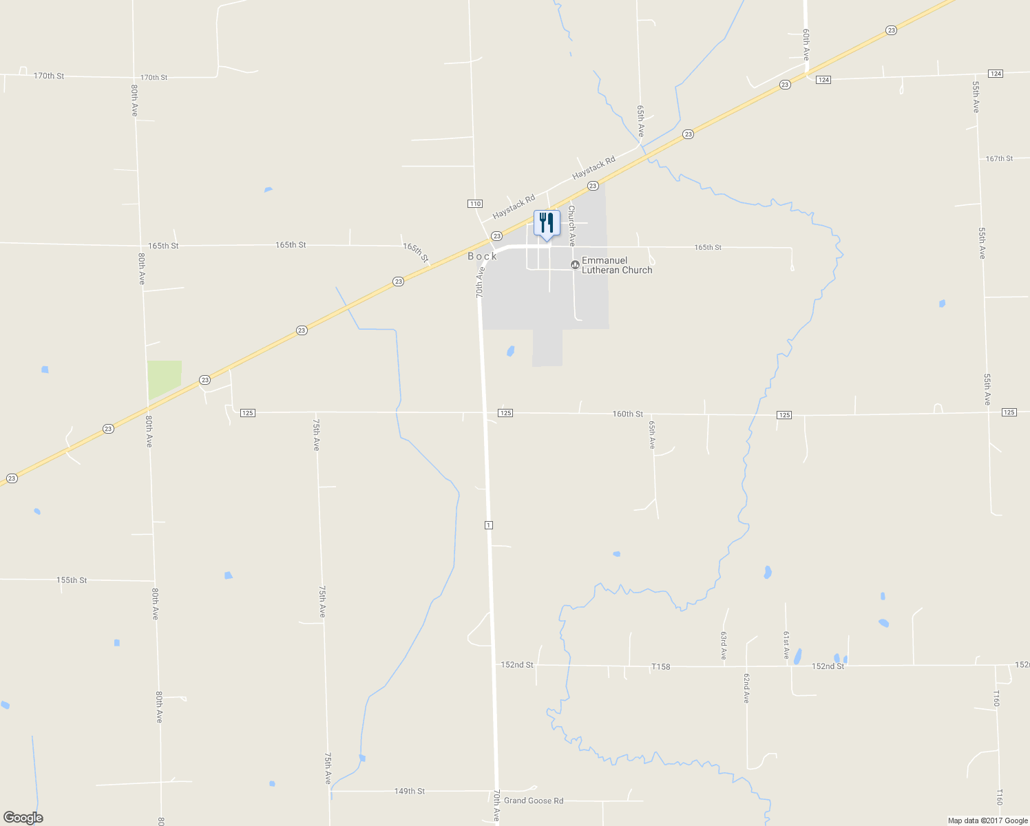 map of restaurants, bars, coffee shops, grocery stores, and more near 6906 160th Street in Milaca