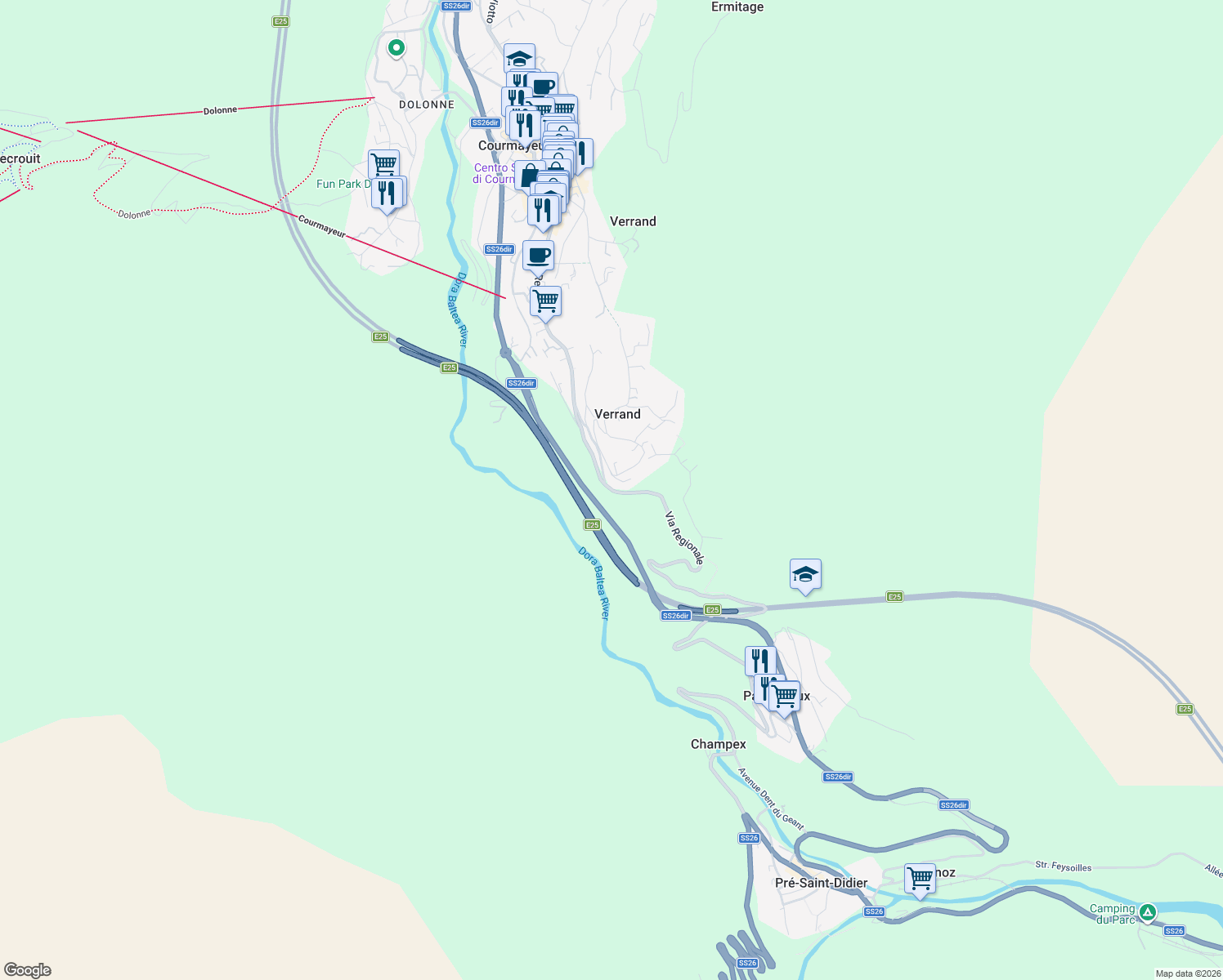 map of restaurants, bars, coffee shops, grocery stores, and more near 31 Via Regionale in Verrand