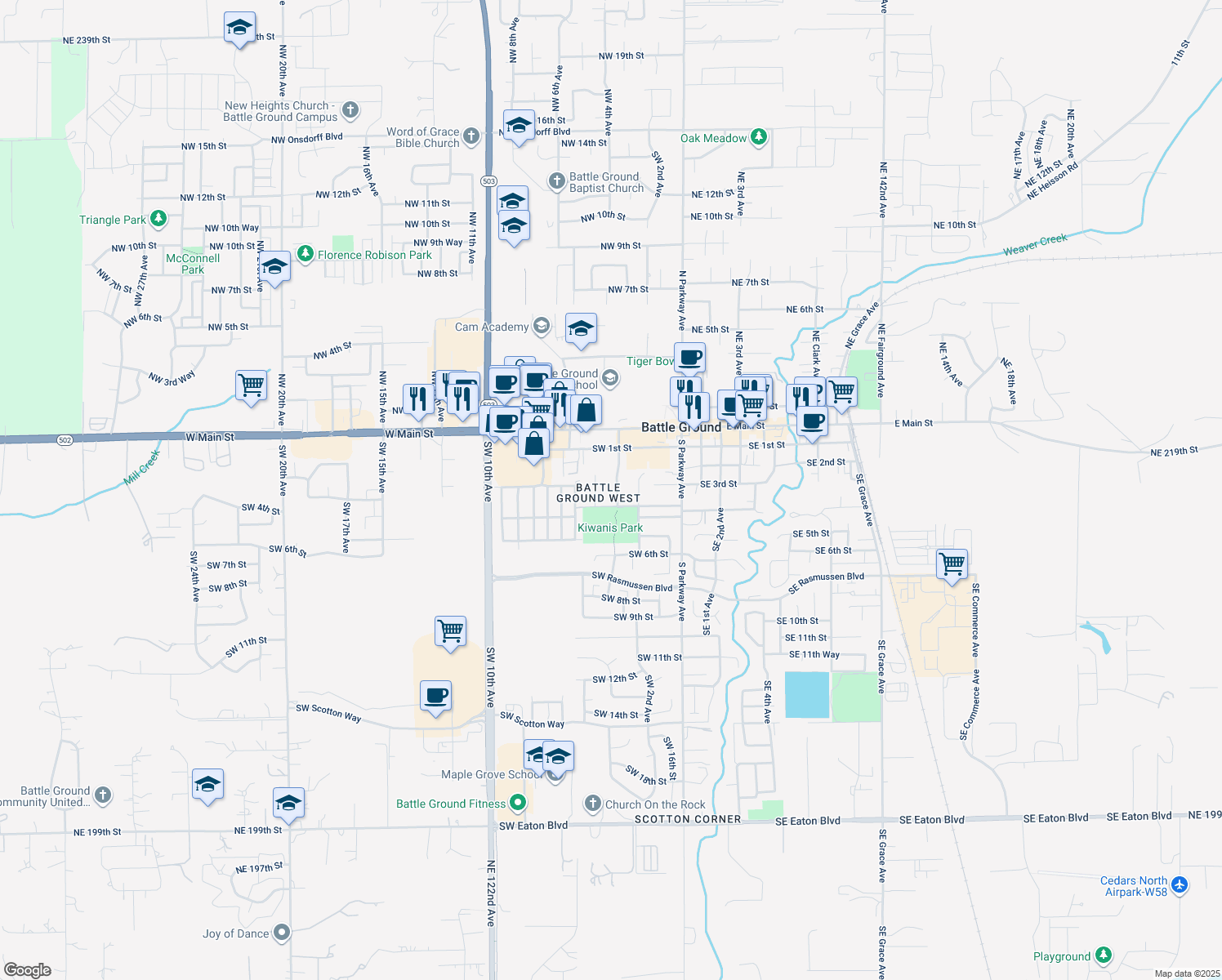 map of restaurants, bars, coffee shops, grocery stores, and more near 300 Southwest 3rd Avenue in Battle Ground