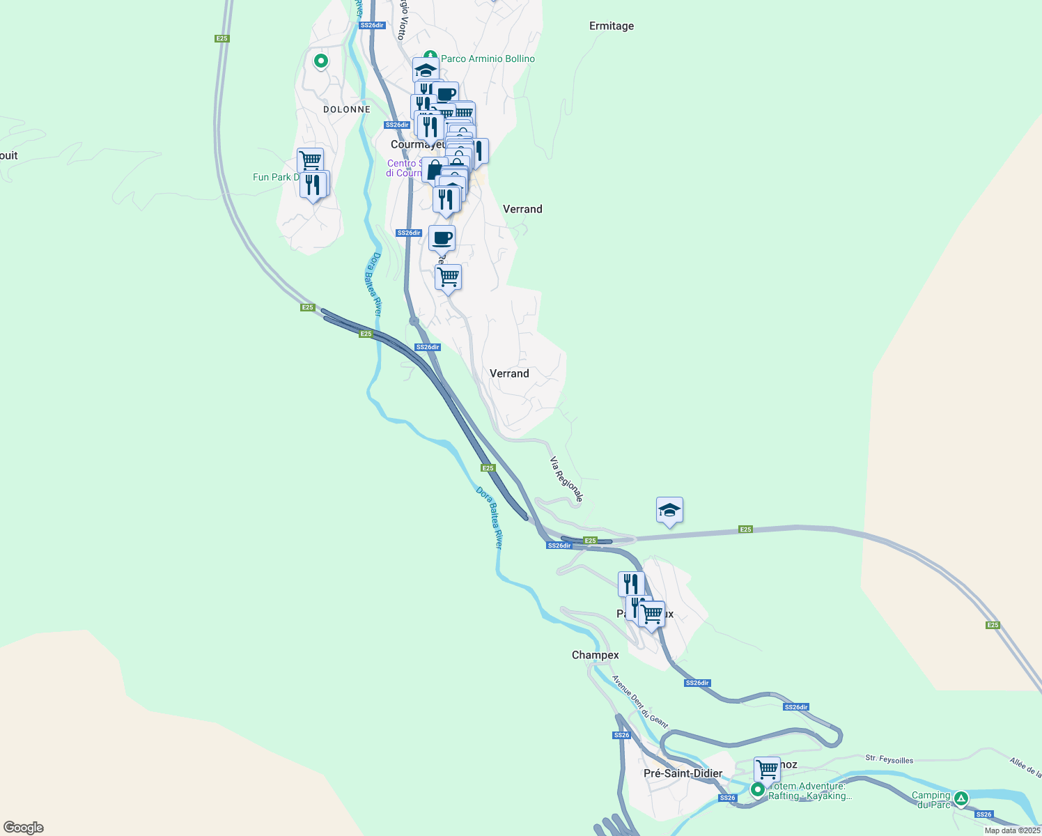 map of restaurants, bars, coffee shops, grocery stores, and more near 31 Via Regionale in Verrand