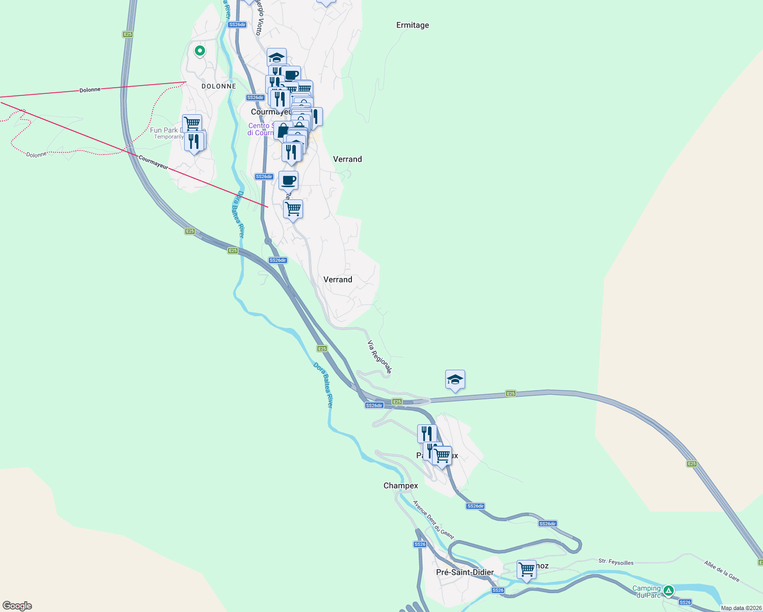 map of restaurants, bars, coffee shops, grocery stores, and more near 7 Route Mont Cormet in Verrand