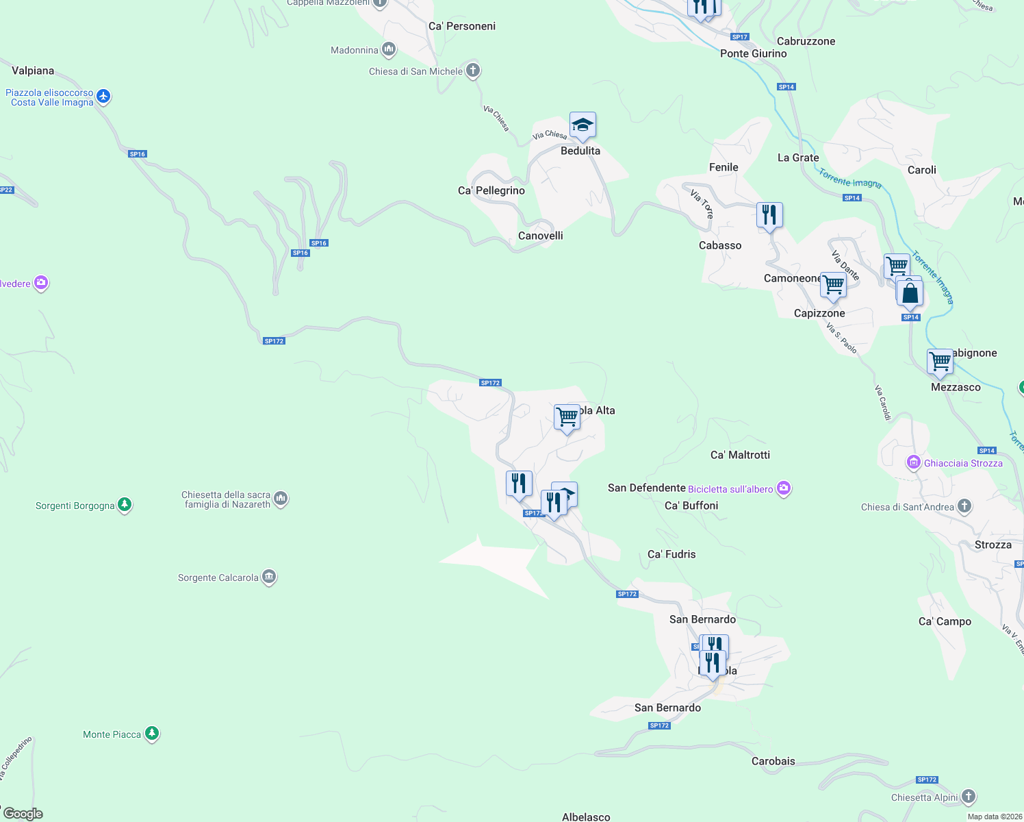 map of restaurants, bars, coffee shops, grocery stores, and more near 1 Via Mezzola in Roncola Alta
