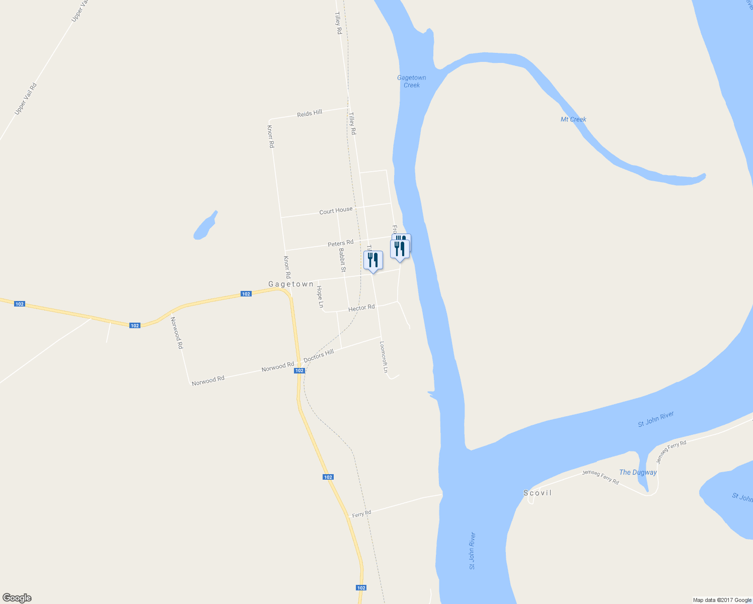 map of restaurants, bars, coffee shops, grocery stores, and more near 23 Tilley Road in Gagetown