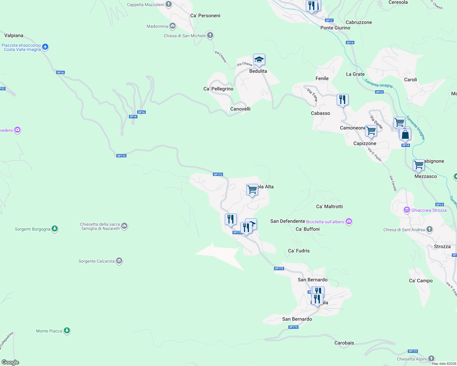 map of restaurants, bars, coffee shops, grocery stores, and more near 1 Via Mezzola in Roncola Alta